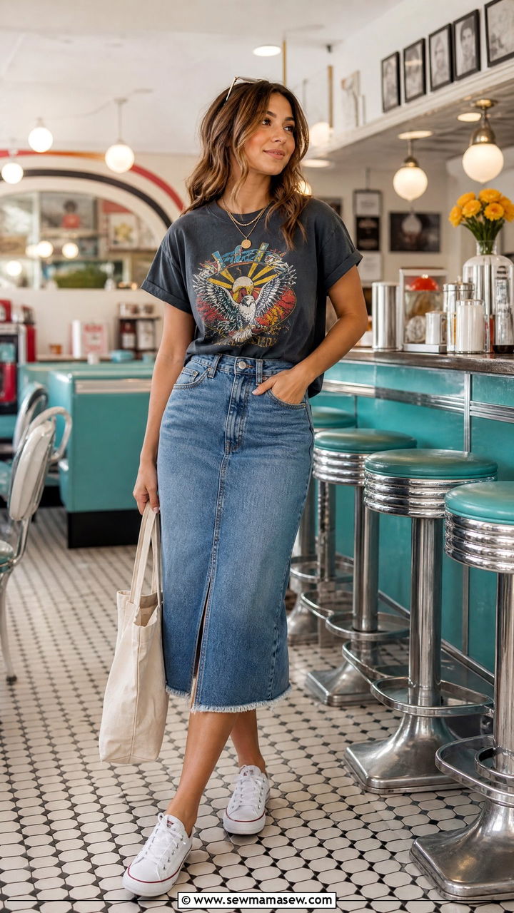 Denim Skirt With Graphic Tee For Brunch - 25 Brunch outfit ideas with friends casual