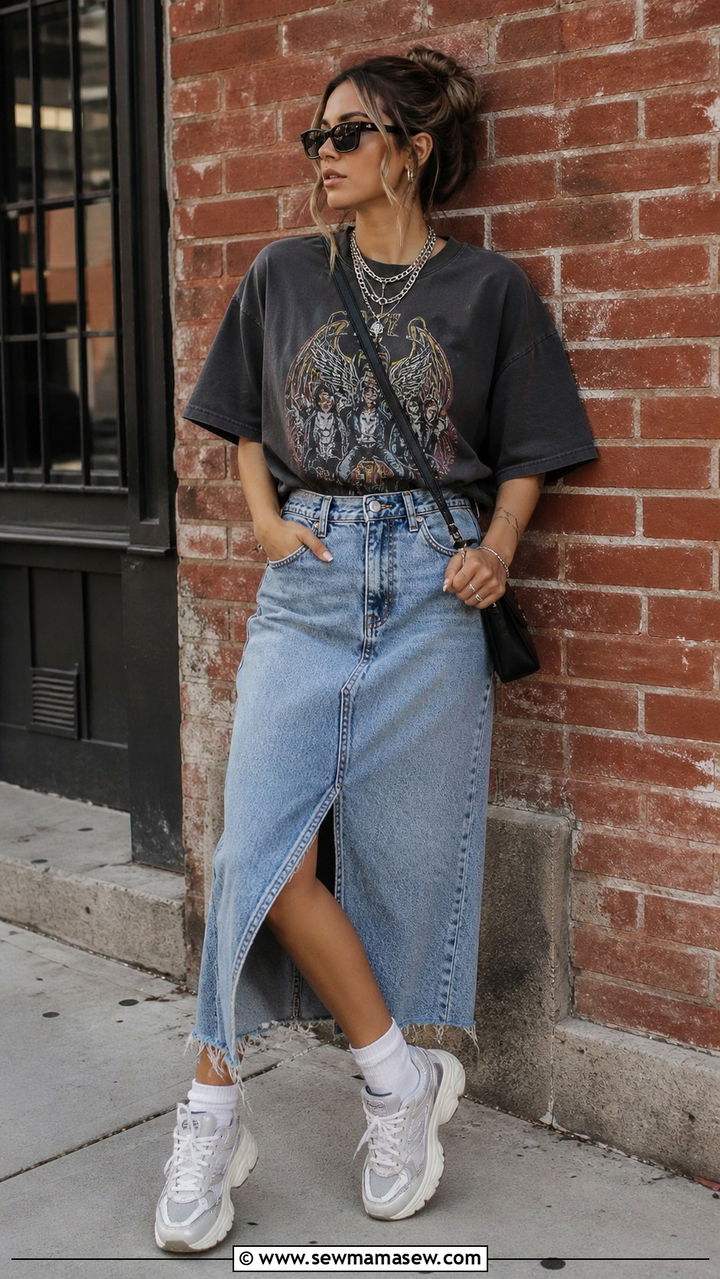 Denim Skirt With Graphic Tee and Chunky Sneakers - 40 cute denim skirt outfits