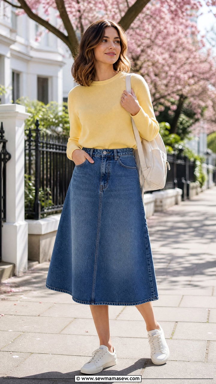 Denim Skirt With Lightweight Sweater Outfit - 20 Spring outfits for 70 degree weather