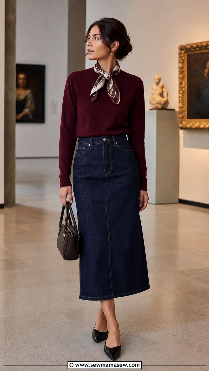 Denim Skirt With Merino Wool Sweater and Pointed Flats - 30 Denim skirt outfit ideas with a sweater