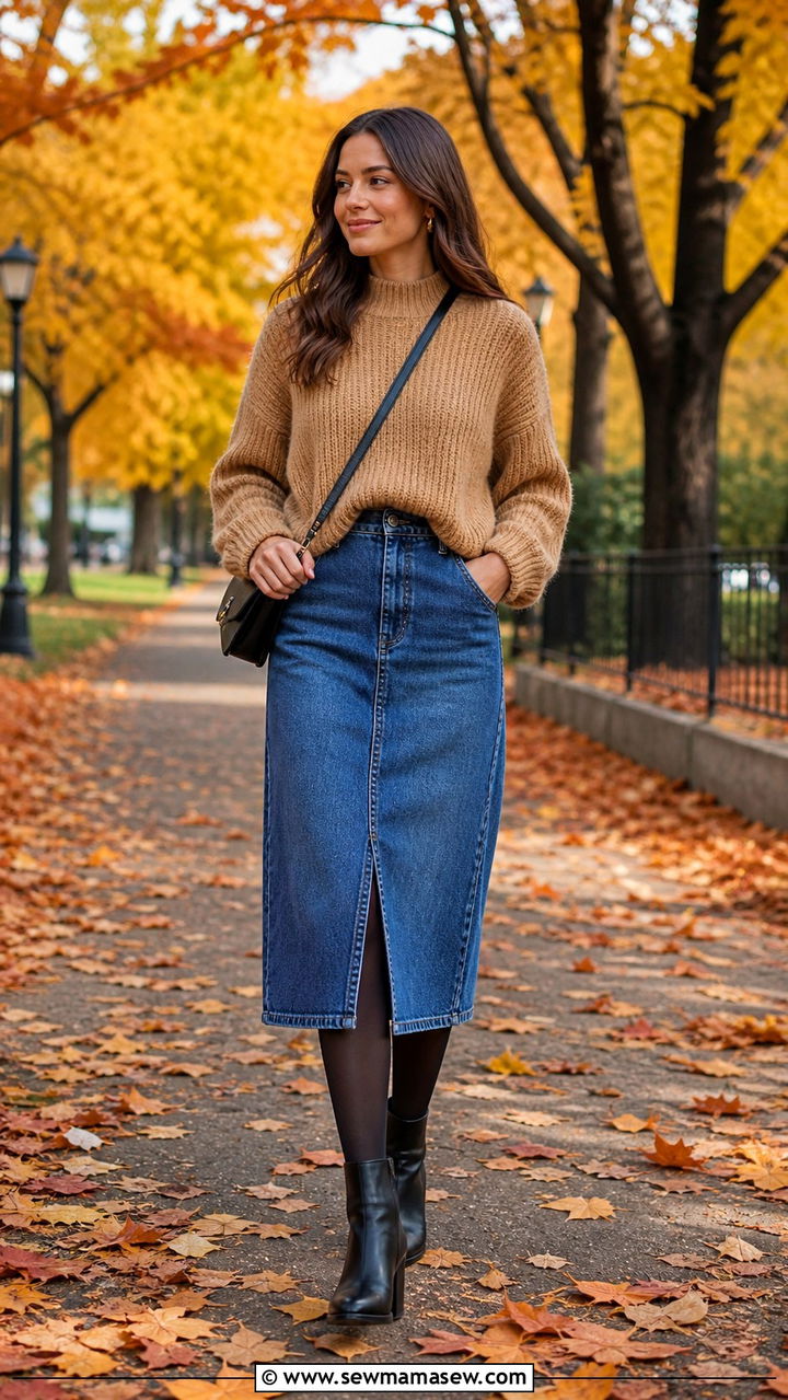 Denim Skirt With Oversized Sweater and Ankle Boots - 40 cute denim skirt outfits