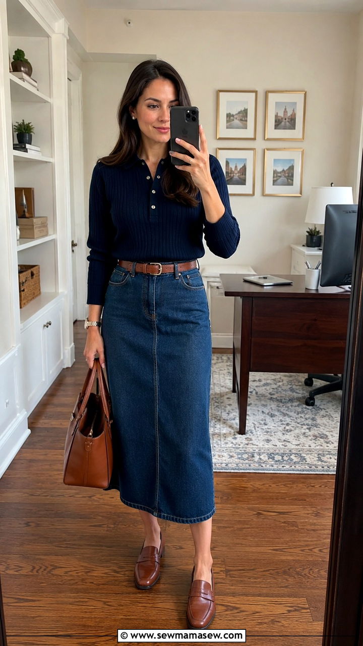 Denim Skirt With Polo Sweater and Penny Loafers - 30 Denim skirt outfit ideas with a sweater