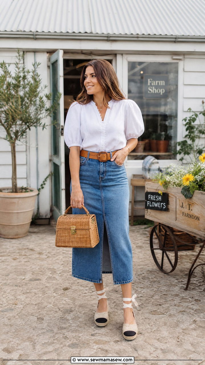 Denim Skirt With Puff Sleeve Blouse Countryside - 30 Summer countryside outfits