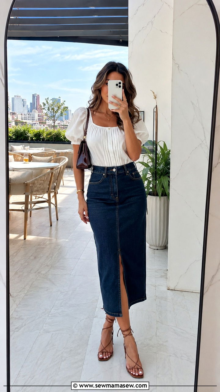 Denim Skirt With Puff Sleeve Top - 30 Rooftop brunch outfit ideas