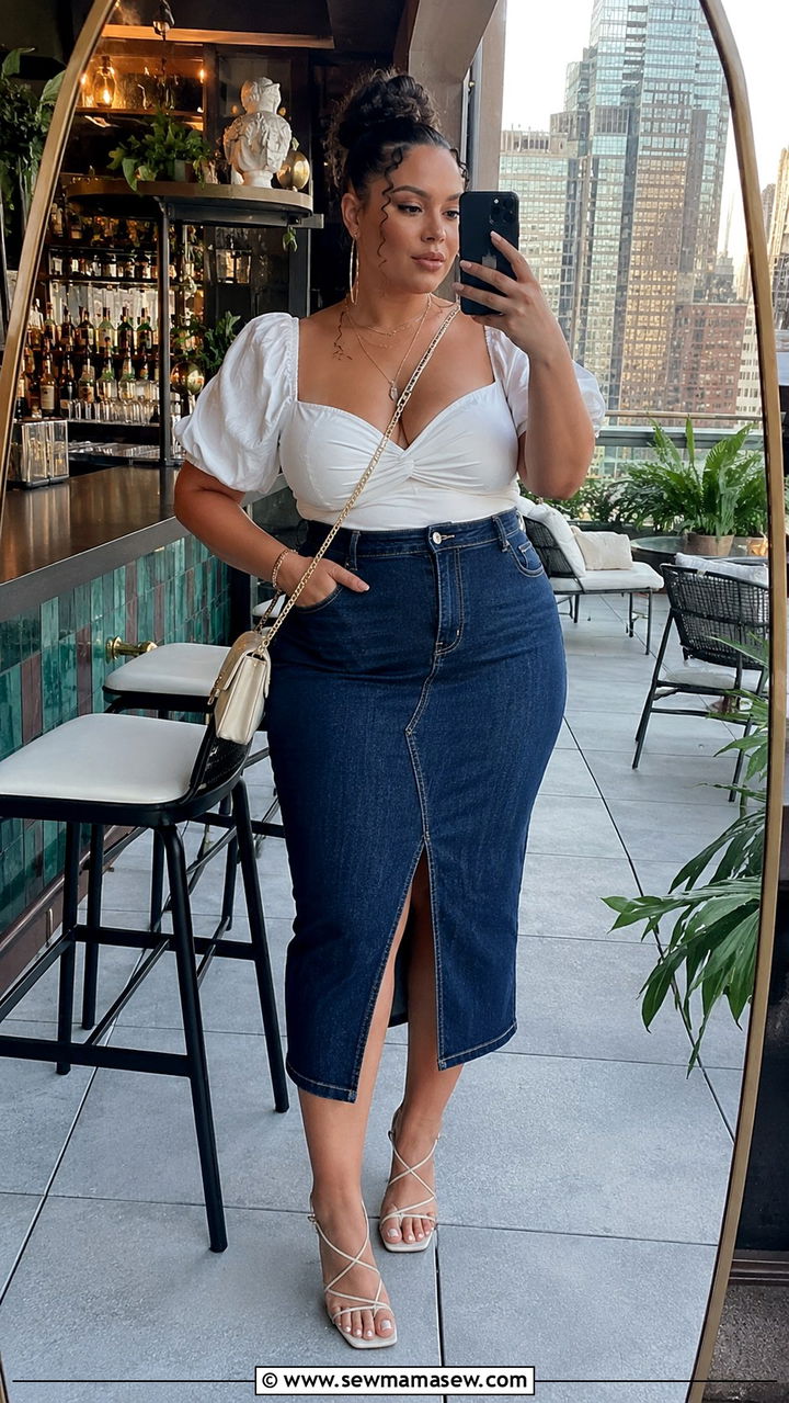 Denim Skirt With Puff Sleeve Top And Heels - 25 Birthday dinner outfit ideas plus size