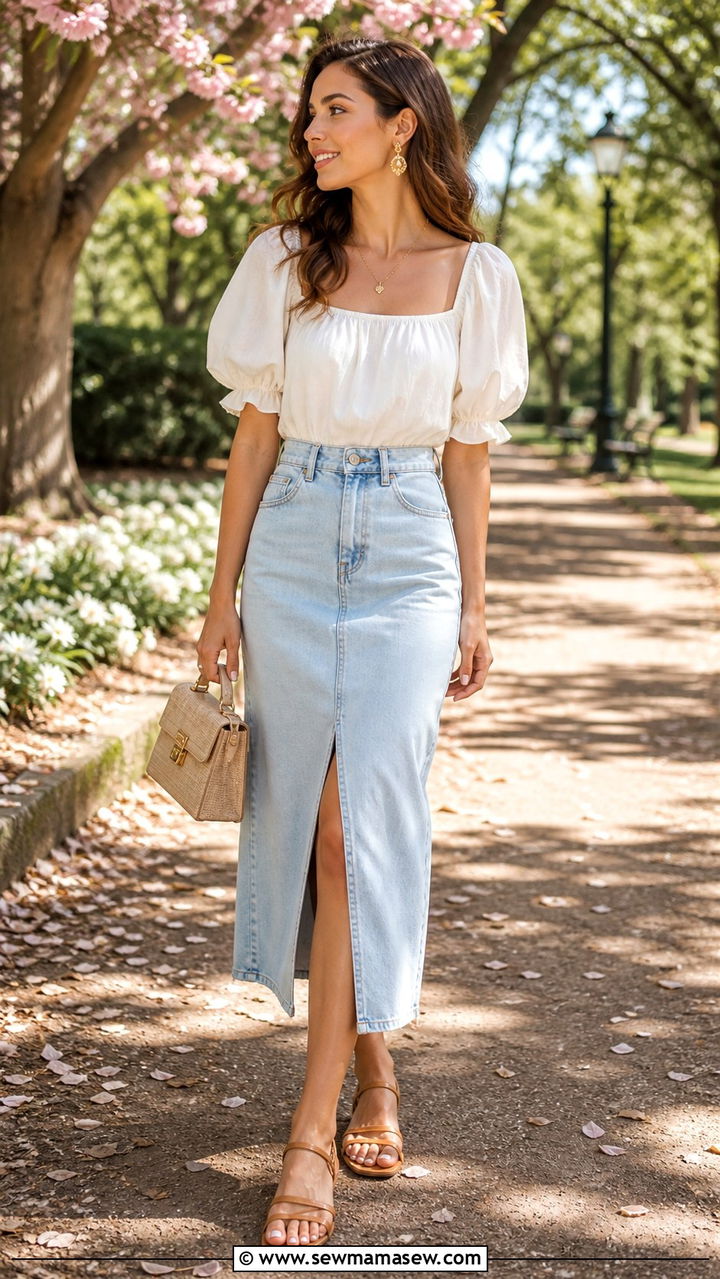 Denim Skirt With Puff Sleeve Top and Strappy Sandals - 40 cute denim skirt outfits