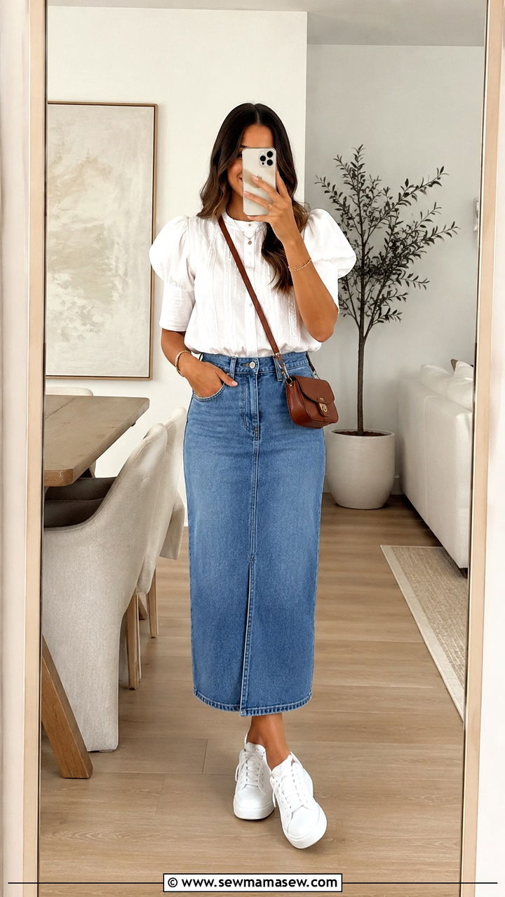 Denim Skirt With Puff Sleeve Top - 30 Brunch outfit ideas Sunday chic