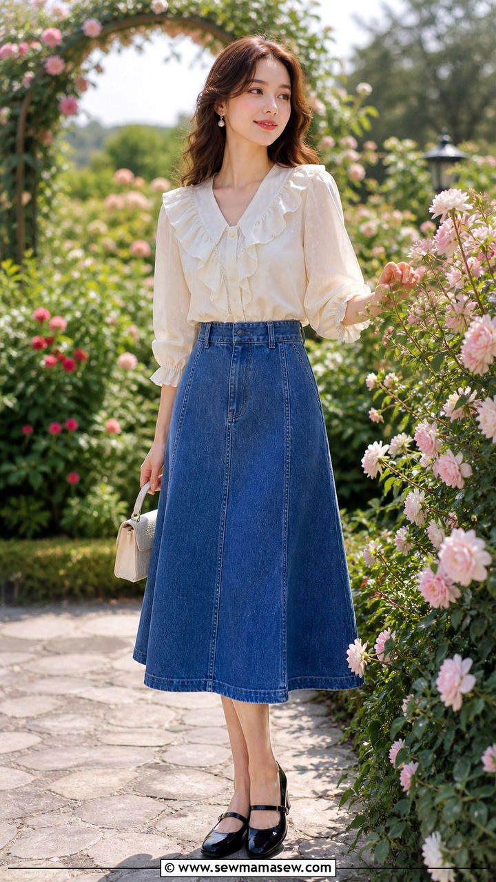 Denim Skirt With Ruffled Blouse and Mary Jane Flats - 40 cute denim skirt outfits