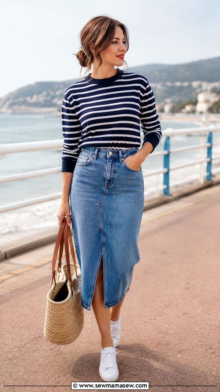 Denim Skirt With Striped Sweater and White Sneakers - 30 Denim skirt outfit ideas with a sweater