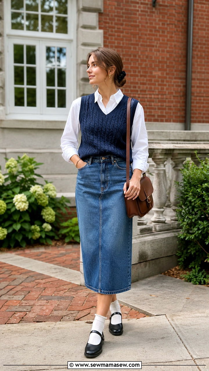Denim Skirt With Sweater Vest and Mary Jane Flats - 30 Denim skirt outfit ideas with a sweater
