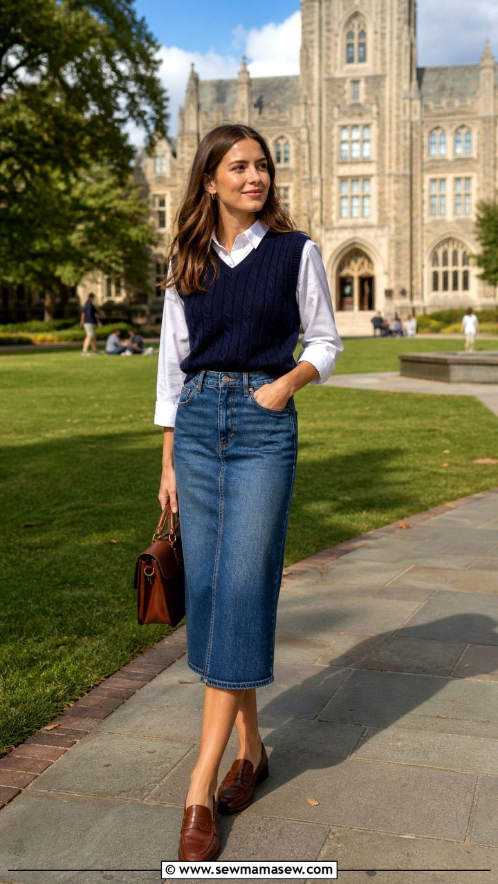 Denim Skirt With Sweater Vest and Penny Loafers - 40 cute denim skirt outfits