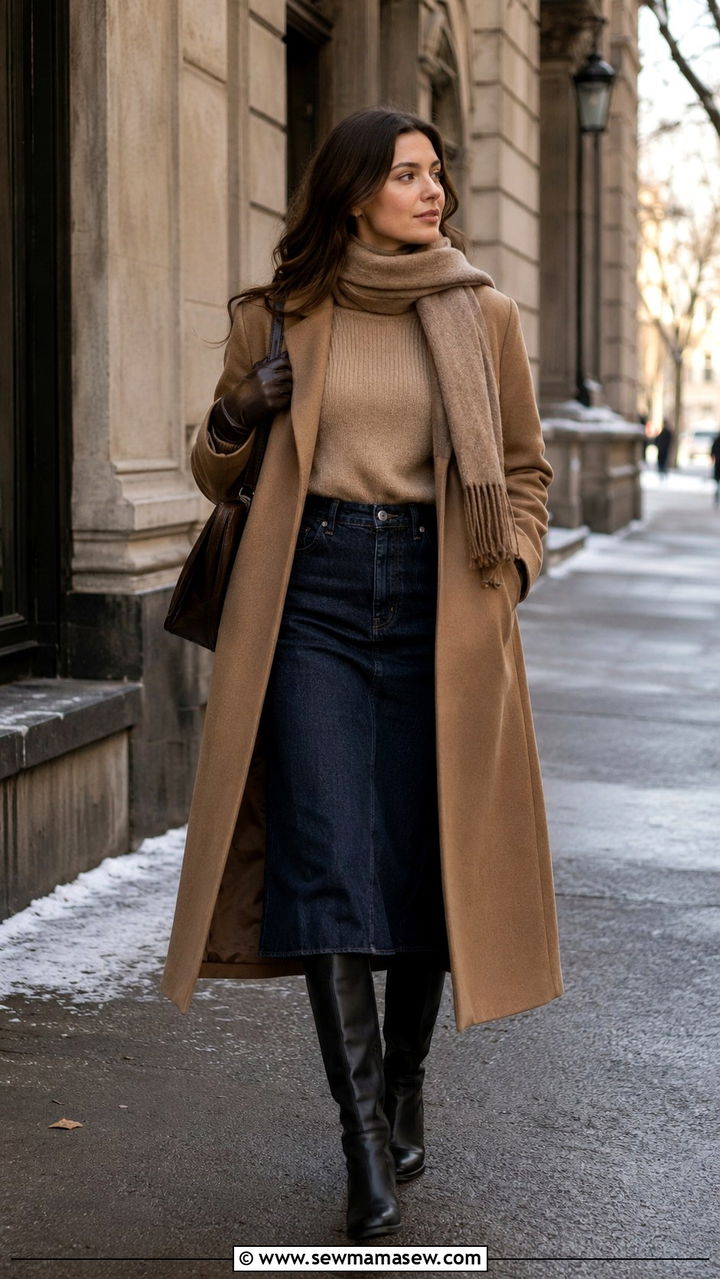 Denim Skirt With Sweater and Long Wool Coat - 30 Denim skirt outfit ideas with a sweater