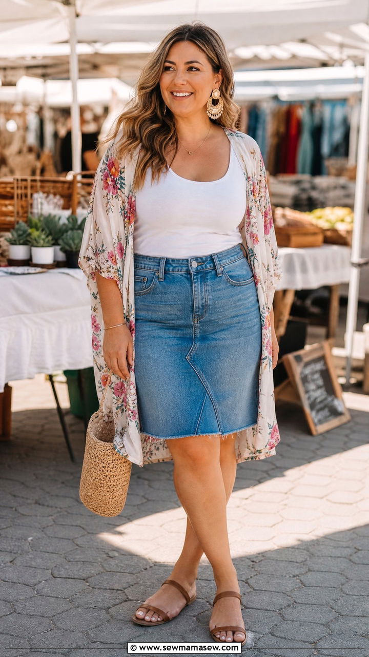 Denim Skirt With Tank And Kimono - 35 Midsize summer outfit ideas