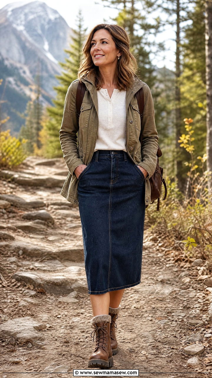 Denim Skirt With Utility Jacket And Chunky Boots - 20 denim skirt outfits for women over 40