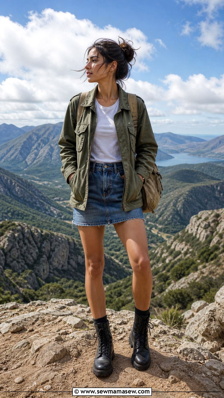Denim Skirt With Utility Jacket and Lug Sole Boots - 40 cute denim skirt outfits