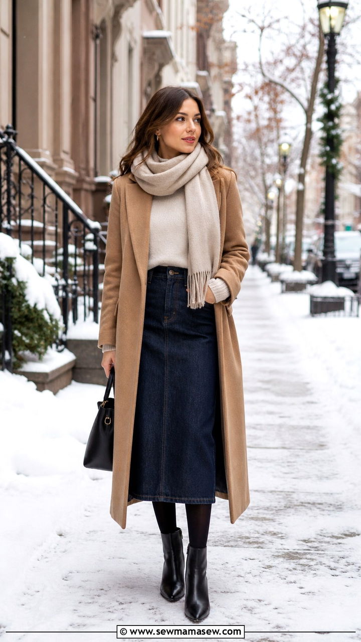 Denim Skirt With Wool Coat and Leather Boots - 40 cute denim skirt outfits