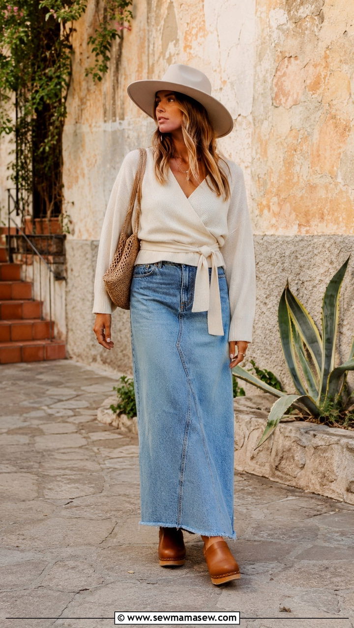 Denim Skirt With Wrap Sweater and Clogs - 30 Denim skirt outfit ideas with a sweater