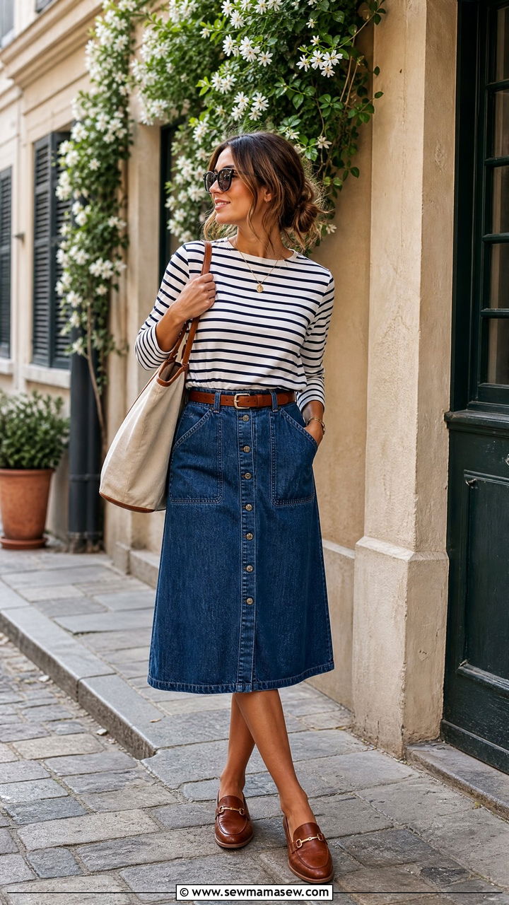 Denim Skirt With a Striped Top and Loafers - 30 How to style loafers
