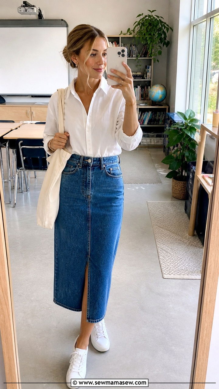 Denim Skirt and Button Down Teacher Outfit - 40 Teacher outfit ideas