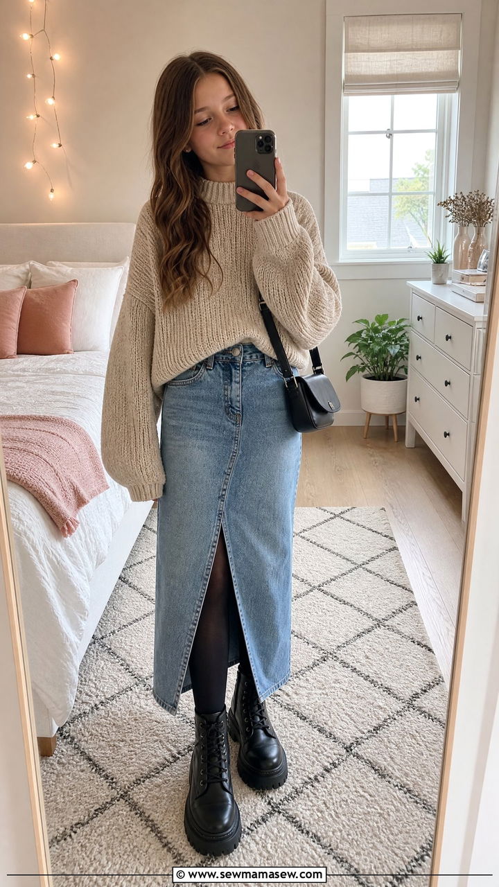 Denim Skirt and Chunky Sweater Outfit - 30 Outfit ideas for tweens