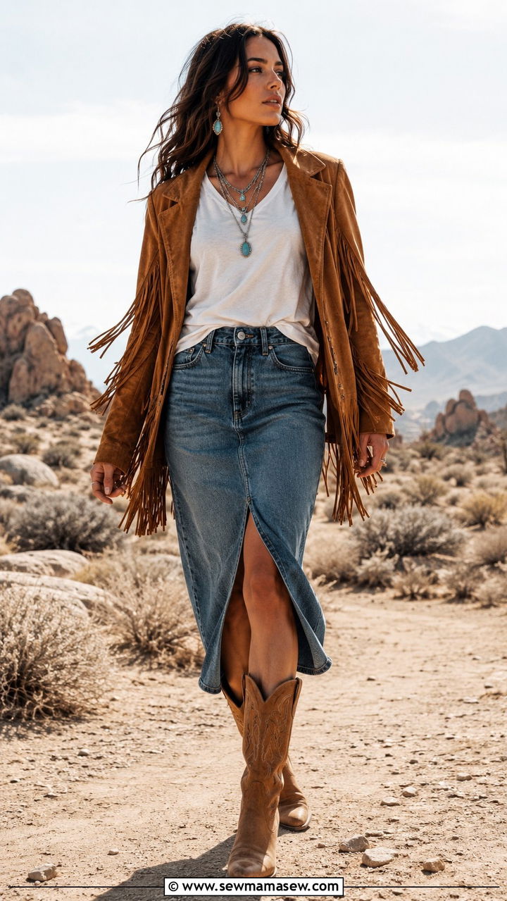 Denim Skirt and Cowboy Boots With Fringe Jacket Outfit - 30 Horse girl outfit ideas