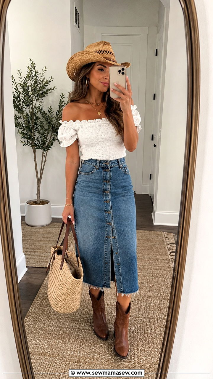 Denim Skirt and Off Shoulder Top - 30 casual country concert outfits