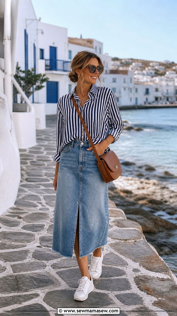 Denim Skirt and Striped Button Down Shirt - 40 Spring travel outfits