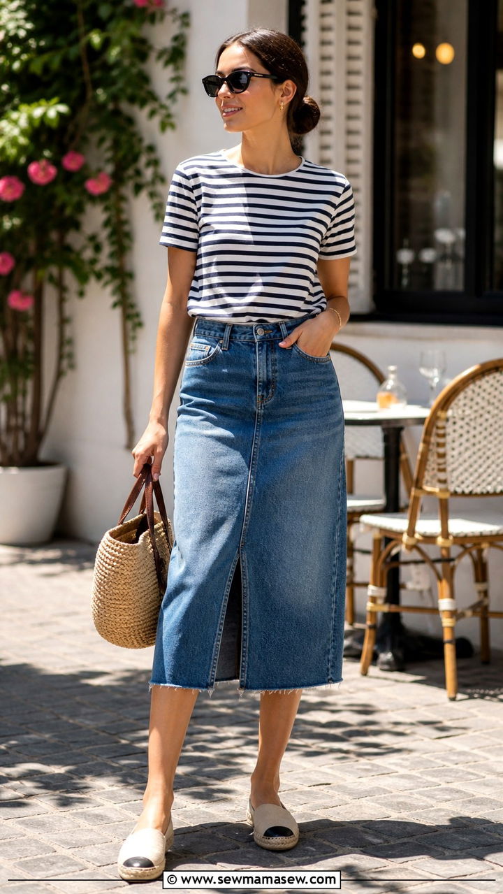 Denim Skirt and Striped Tee Outfit - 40 errands outfits