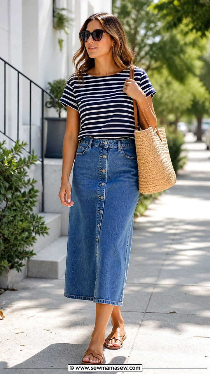 Denim Skirt and Striped Tee with Flat Sandals Outfit - 40 running errands outfit ideas