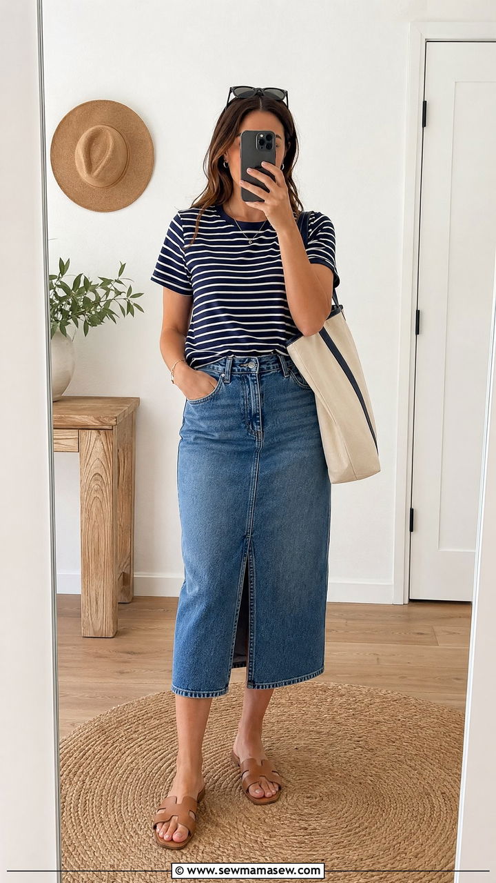 Denim Skirt and Striped Tee with Flat Sandals - 35 errands outfits for women