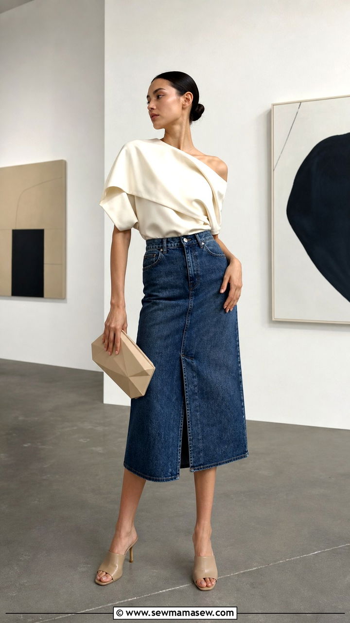 Denim Skirt with Asymmetric Hem Top and Heeled Mules - 40 denim skirt outfit ideas