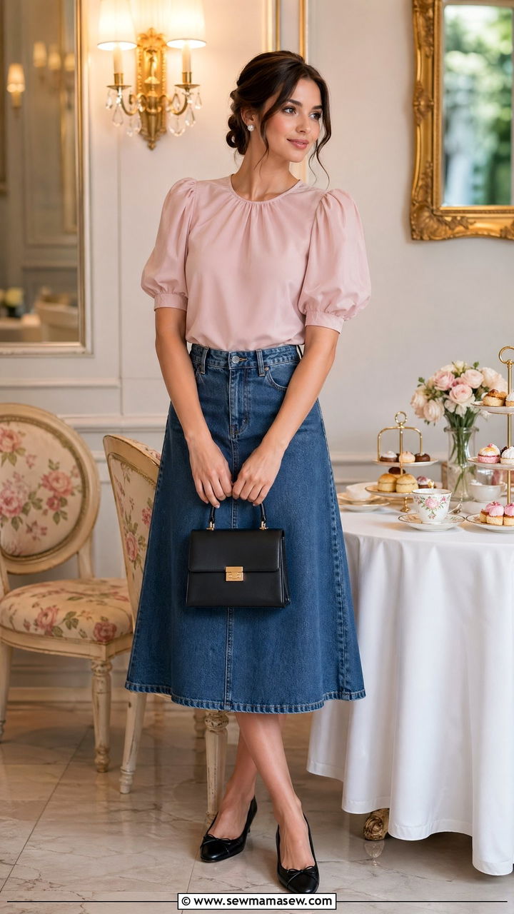 Denim Skirt with Ballet Flats Outfit - 35 denim skirt outfit ideas for women