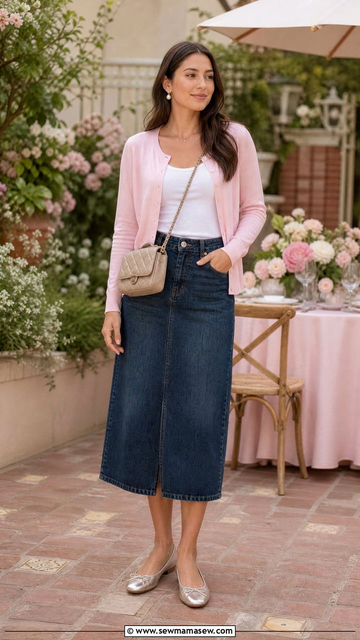 Denim Skirt with Ballet Flats and Cardigan Outfit - 25 chic denim skirt outfit ideas