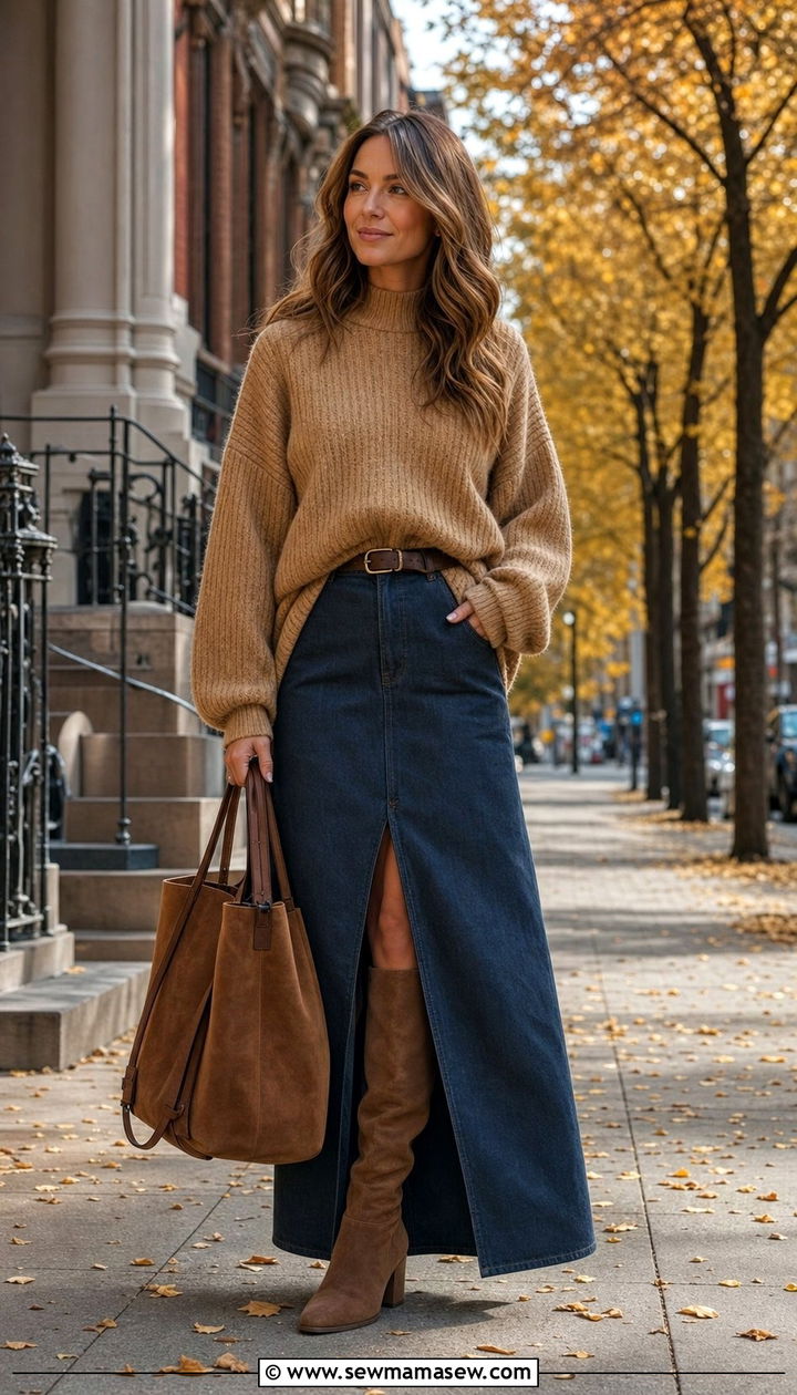 Denim Skirt with Belted Sweater and Knee High Boots - 25 denim skirt outfits 2026