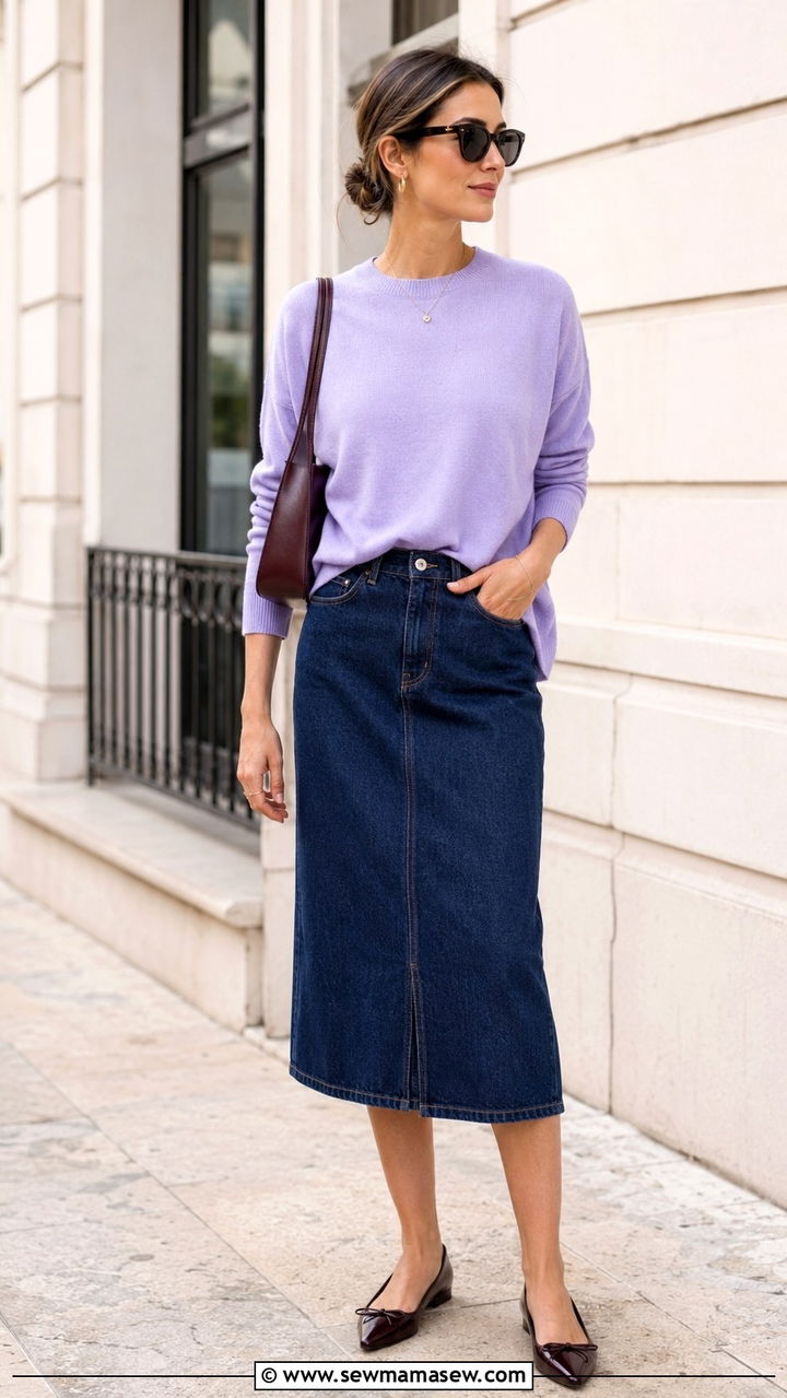 Denim Skirt with Cashmere Sweater and Pointed Toe Flats - 30 Spring outfits with denim skirts
