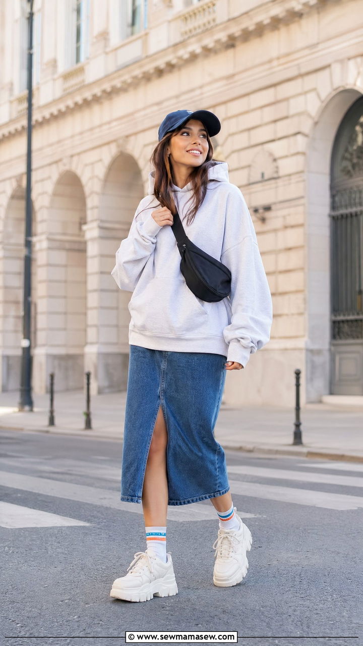 Denim Skirt with Chunky Sneakers Outfit - 35 denim skirt outfit ideas for women