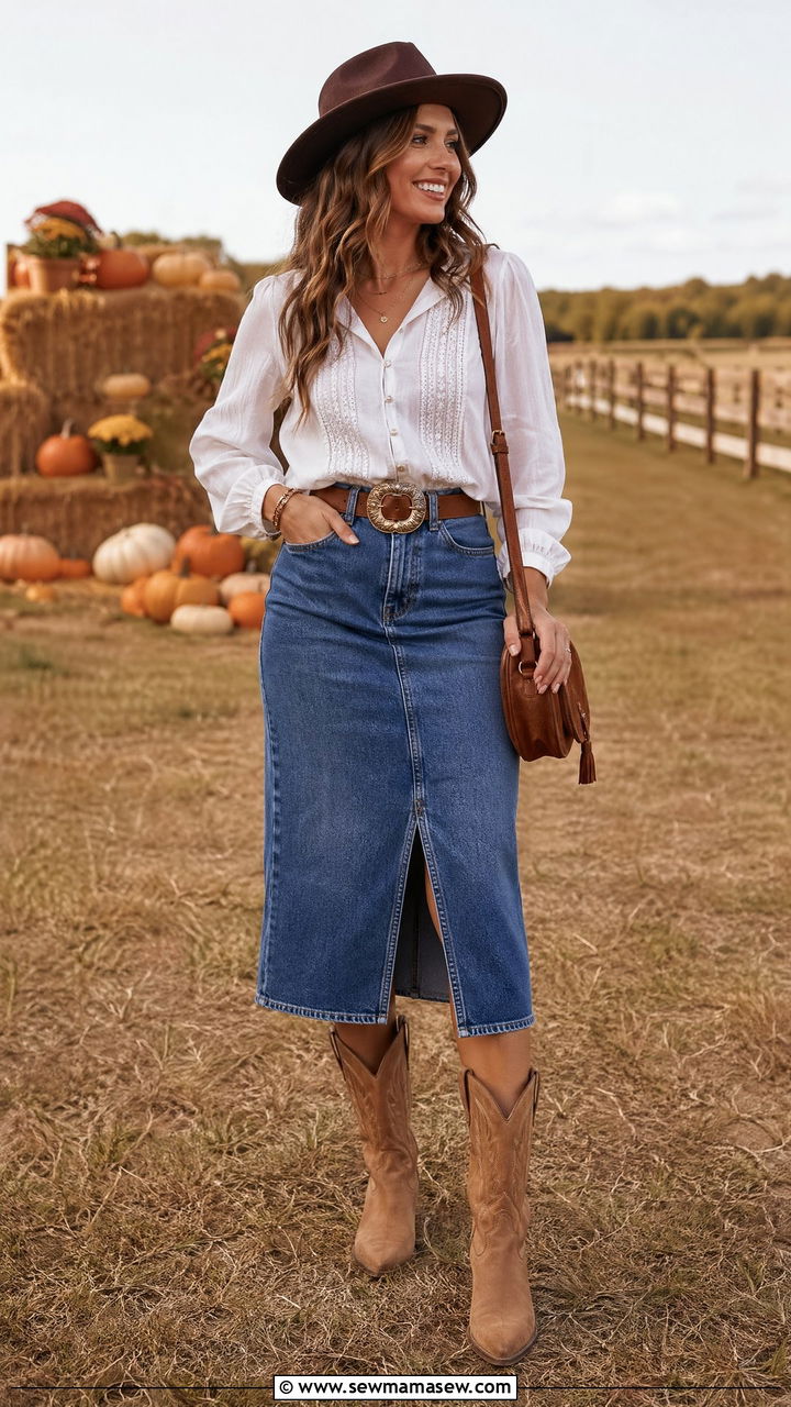 Denim Skirt with Cowboy Boots Outfit - 35 denim skirt outfit ideas for women