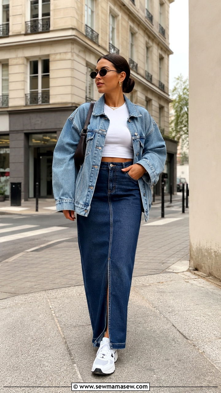 Denim Skirt with Crop Top and Oversized Denim Jacket - 30 Spring outfits with denim skirts