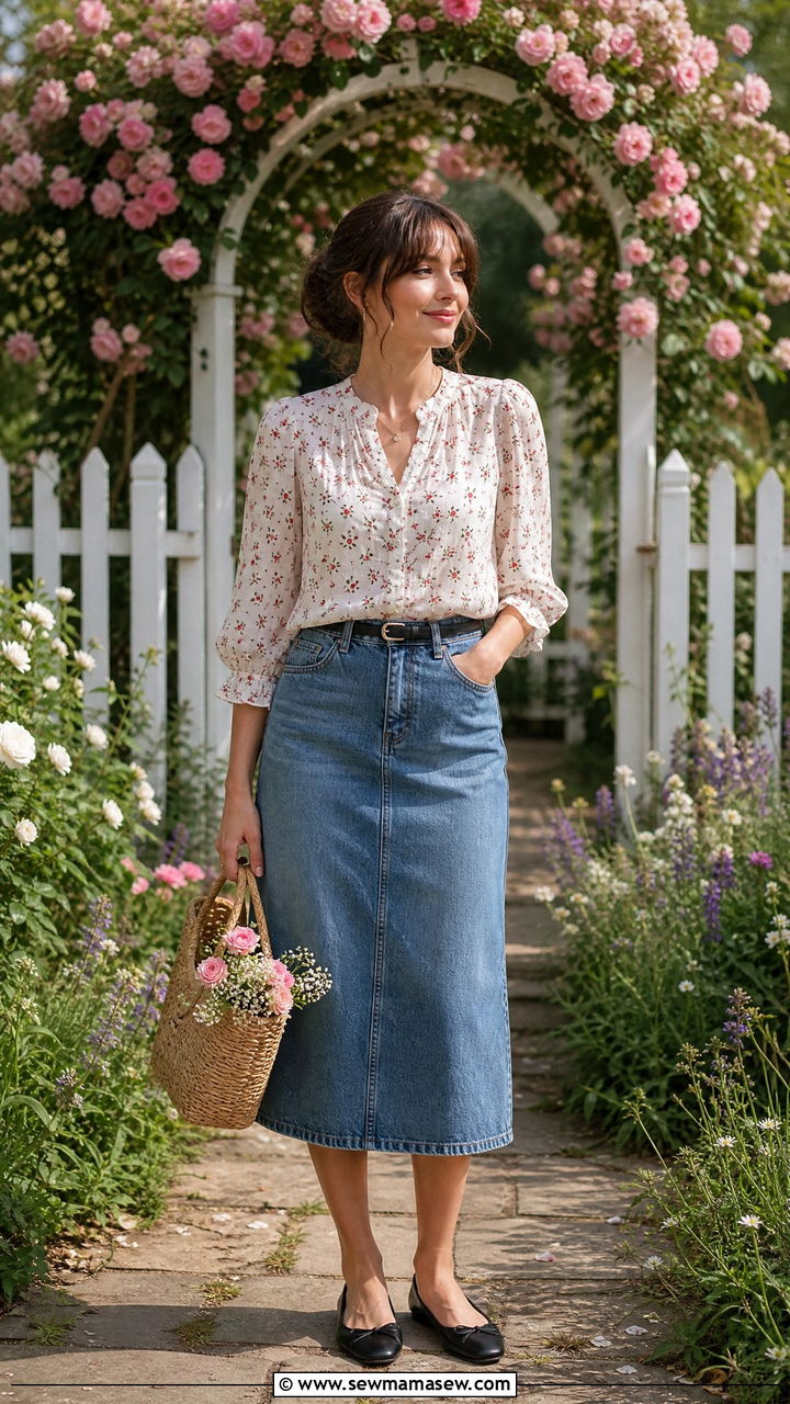 Denim Skirt with Floral Blouse and Ballet Flats - 30 Summer outfits with denim skirts