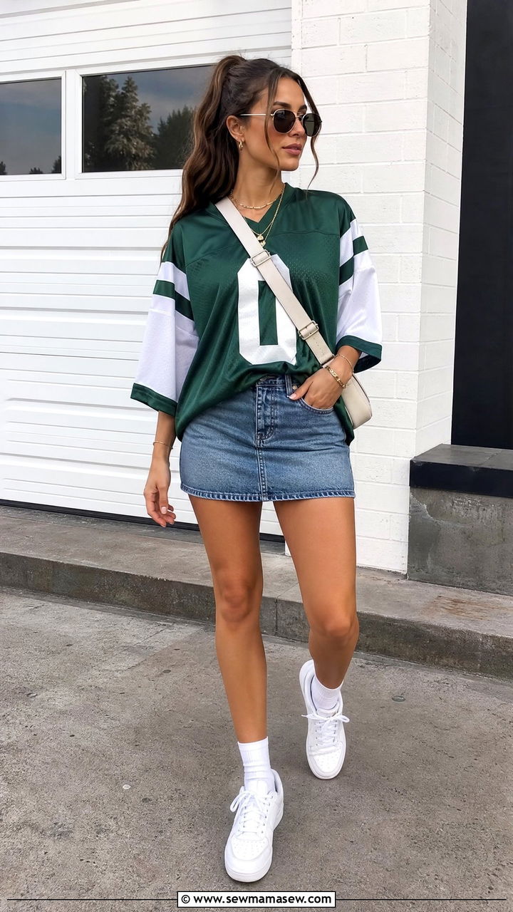 Denim Skirt with Football Jersey and Sneakers Outfit - 25 chic denim skirt outfit ideas