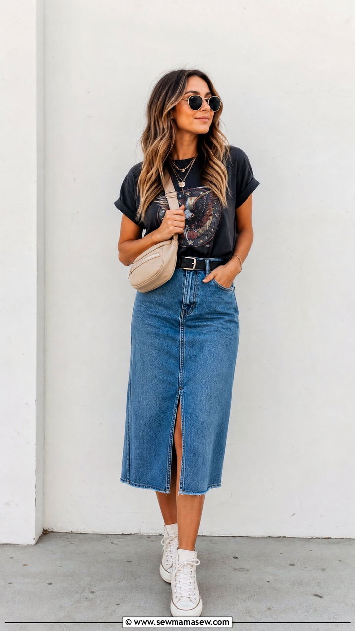 Denim Skirt with Graphic Tee and Canvas Sneakers - 30 summer school outfit ideas