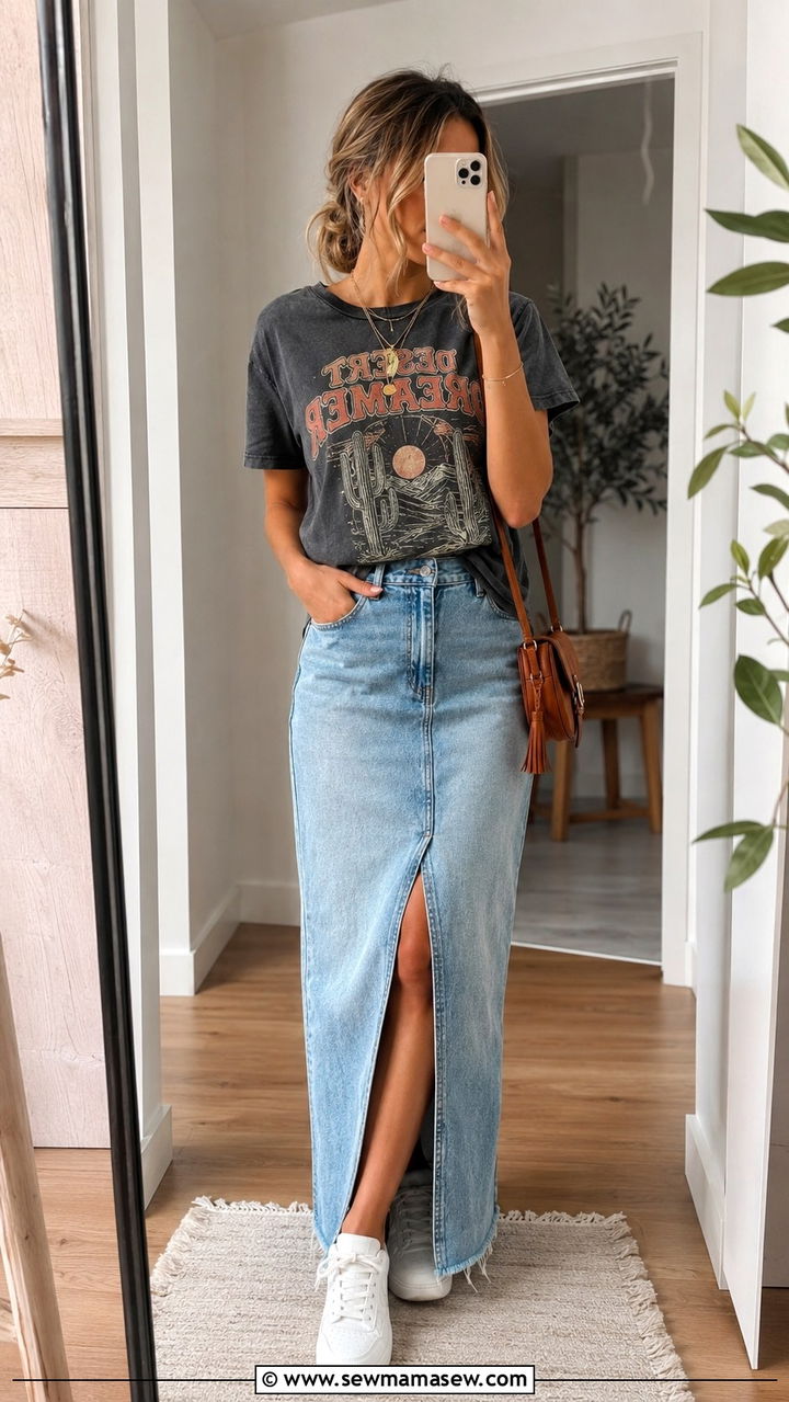 Denim Skirt with Graphic Tee - 30 Late July outfit ideas