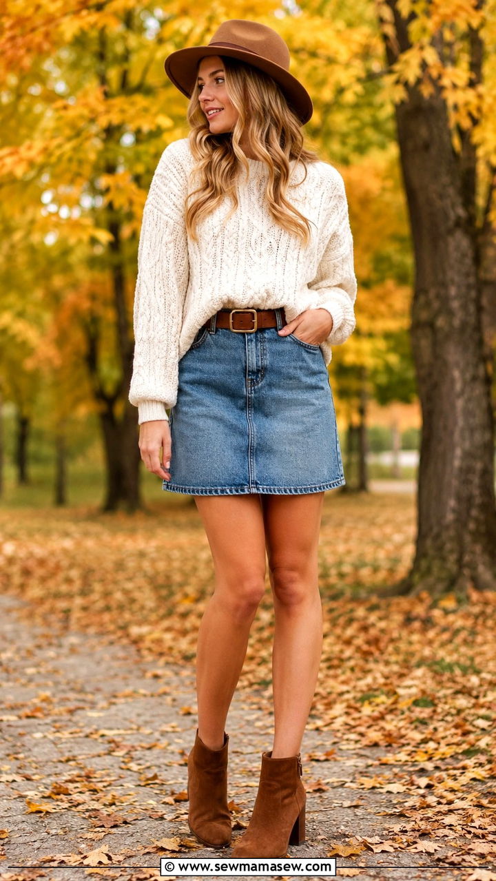 Denim Skirt with Knit Sweater and Heeled Ankle Boots - 30 Denim skirt outfit ideas with heels