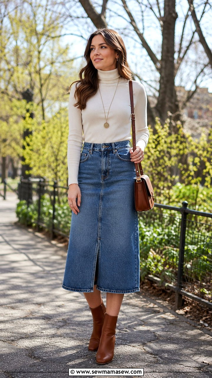 Denim Skirt with Lightweight Turtleneck and Ankle Boots - 30 Spring outfits with denim skirts