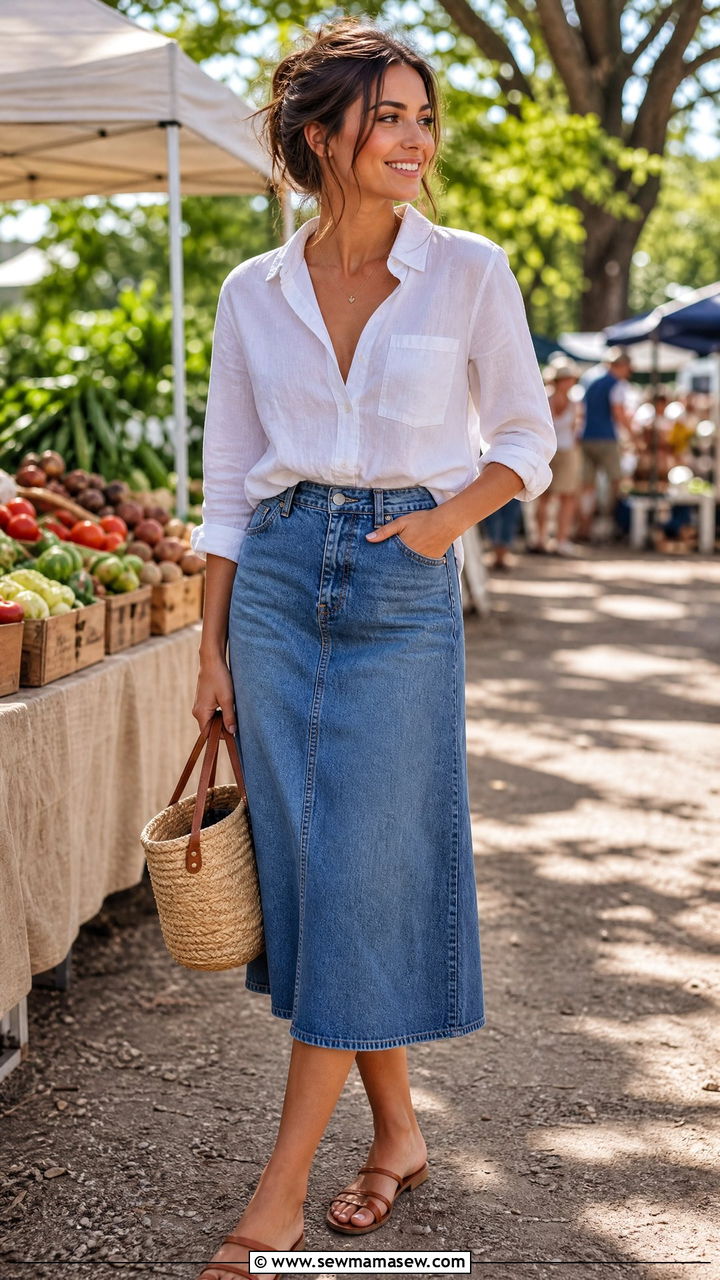Denim Skirt with Linen Button Up and Flat Sandals - 25 how to style denim skirt outfits