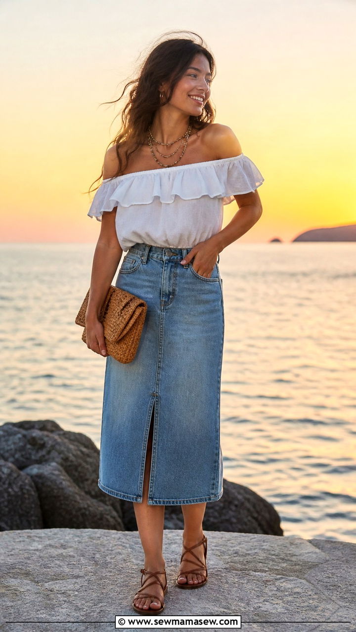 Denim Skirt with Off Shoulder Top and Flat Sandals - 40 denim skirt outfit ideas