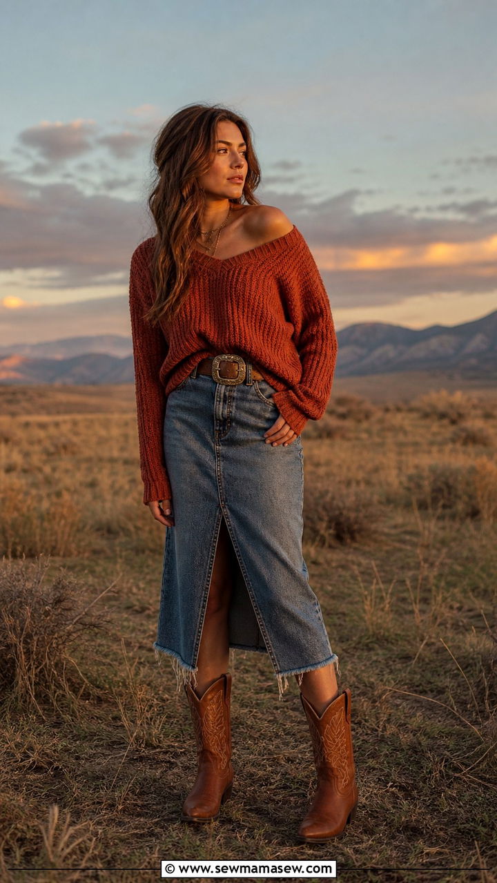 Denim Skirt with Off the Shoulder Sweater and Cowboy Boots - 40 denim skirt outfit ideas