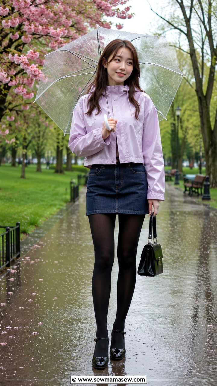 Denim Skirt with Opaque Tights Cropped Rain Jacket and Patent Mary Janes - 30 transitional rainy day outfit ideas