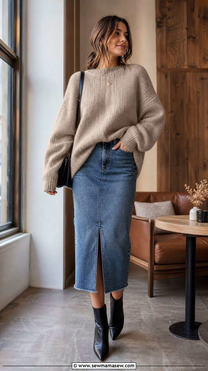 Denim Skirt with Oversized Sweater and Ankle Boots - 25 how to style denim skirt outfits