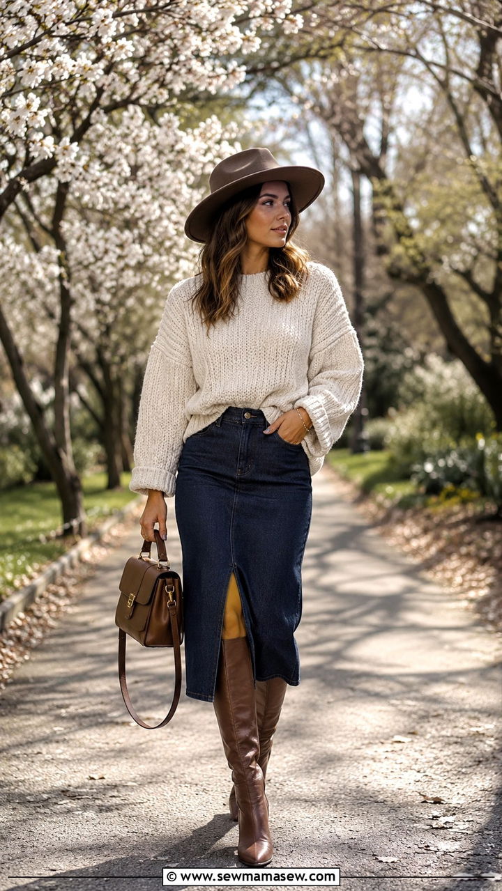 Denim Skirt with Oversized Sweater and Knee High Boots - 30 Spring outfits with denim skirts